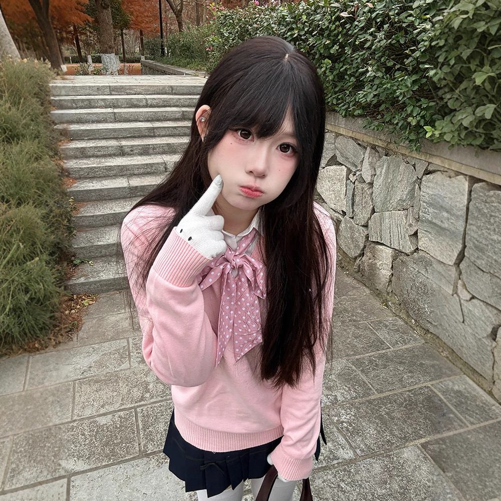 작은 토끼 원래 JK 가짜 두 단색 풀오버 스웨터 일본 유니폼 대학 스타일 긴 소매 스웨터 가을과 겨울 여성