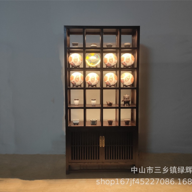 榆木新中式茶叶展示架实木多宝阁简约现代客厅隔断书柜茶酒博古架|undefined