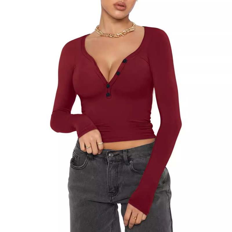 Cross-border European and American Women's Sexy Long-sleeved Henley T-shirt V-neck Button Casual Slim-fit Knitted Crop Top