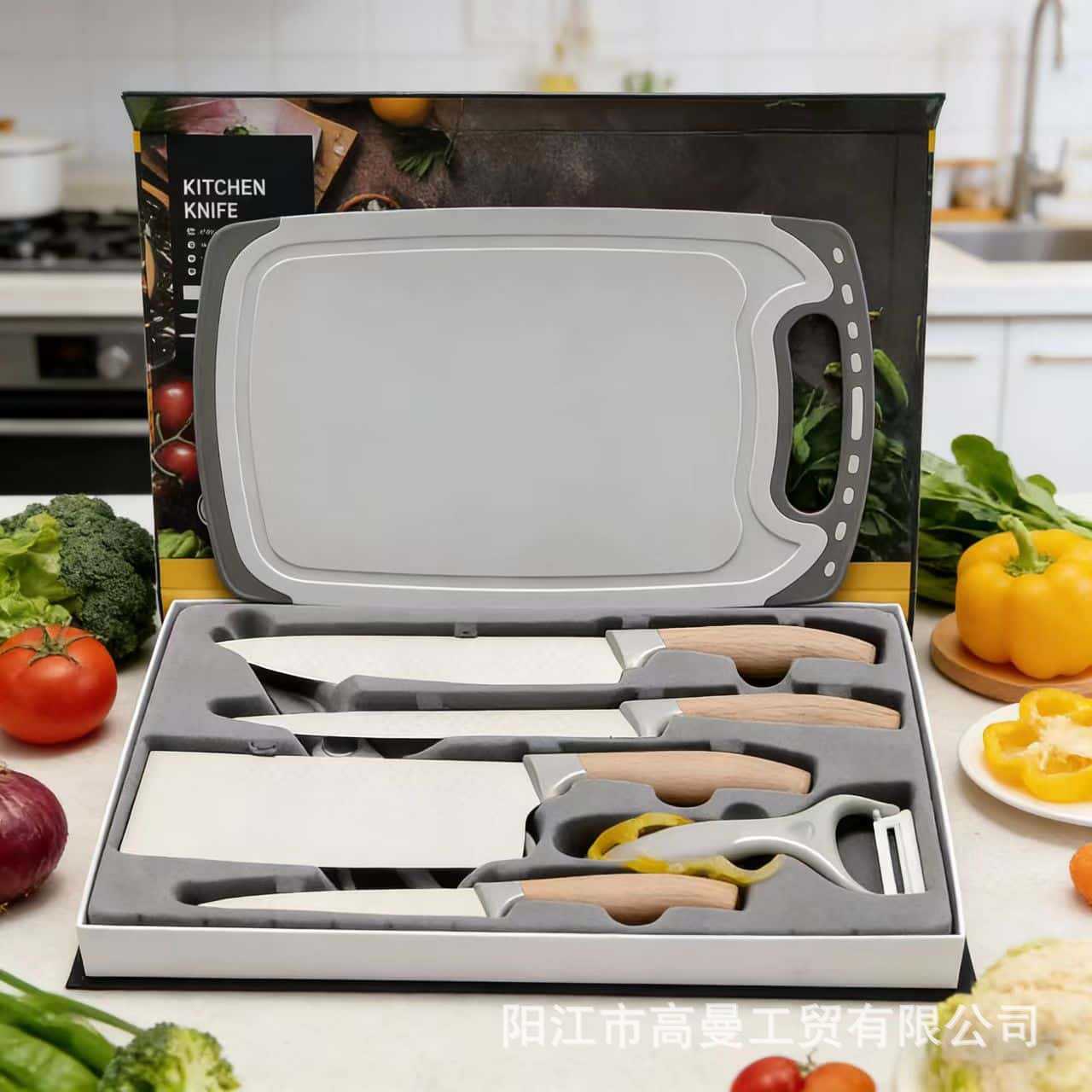 Comercio exterior de acero inoxidable al por mayor cuchillo de cocina conjunto de cuchillo de cuchillo con mango de grasa con tablero de verduras en caja hecha a mano cuchillo casero