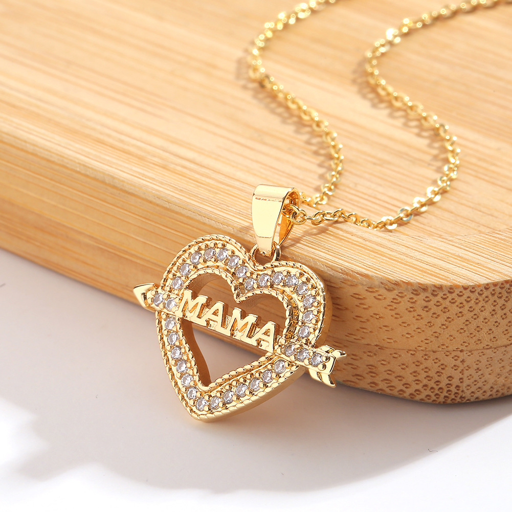 New Mother's Day Jewelry Heart-shaped Mama Pendant Copper Inlaid Zircon Necklace display picture 2