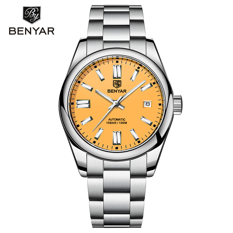 BENYAR Binya 5185 nuevo movimiento mecánico automático de Los Hombres Correa Acero inoxidable calendario simple Reloj negocios