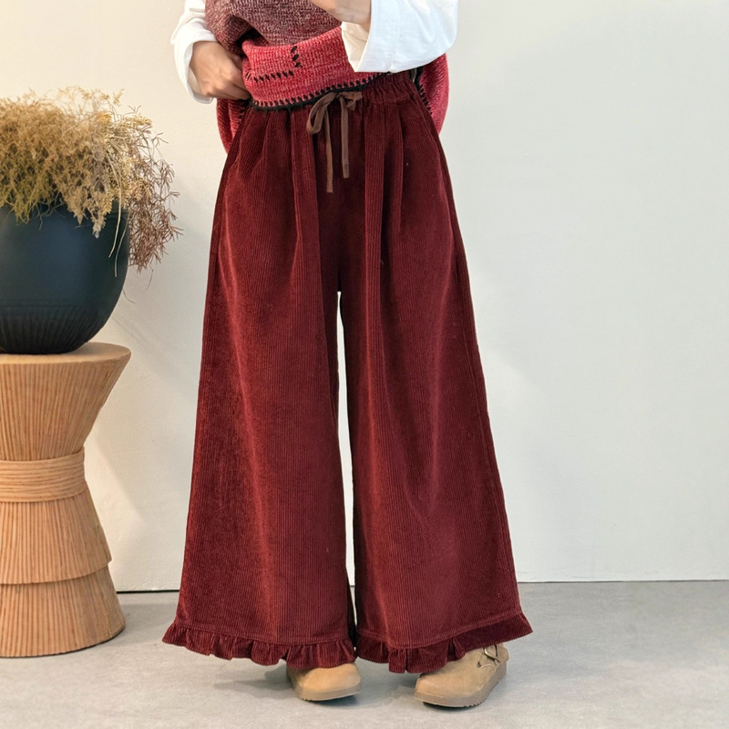 新品纯色文艺显瘦百搭抽绳松紧腰裤口花边灯芯绒直筒长裤女|undefined