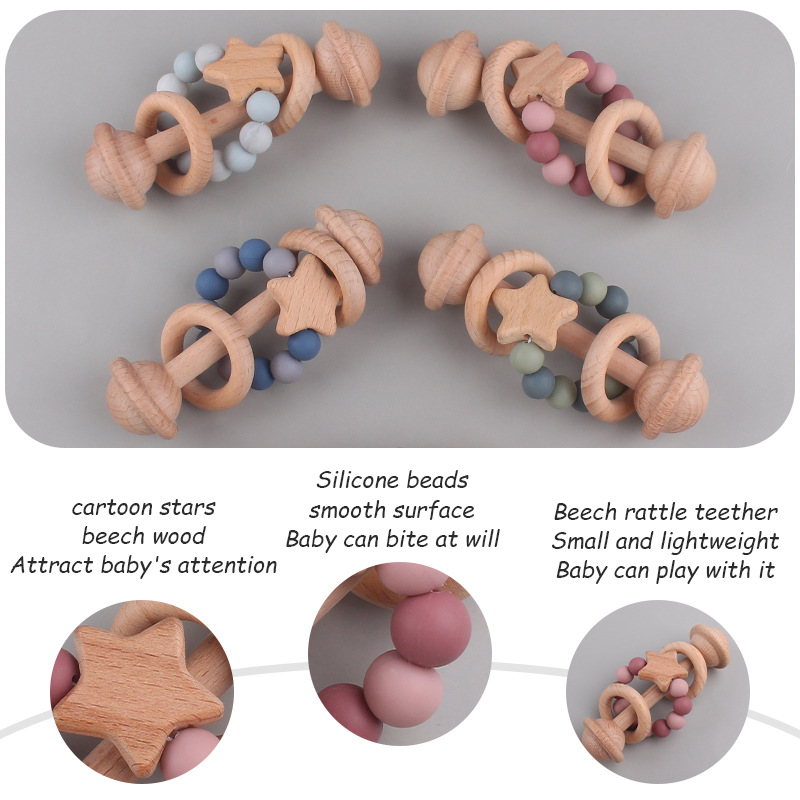 Juguete infantil creativo Mordedor de haya bebé estrella de mano sonajero cuentas de silicona bebé ejercicio interactivo mordedor palo