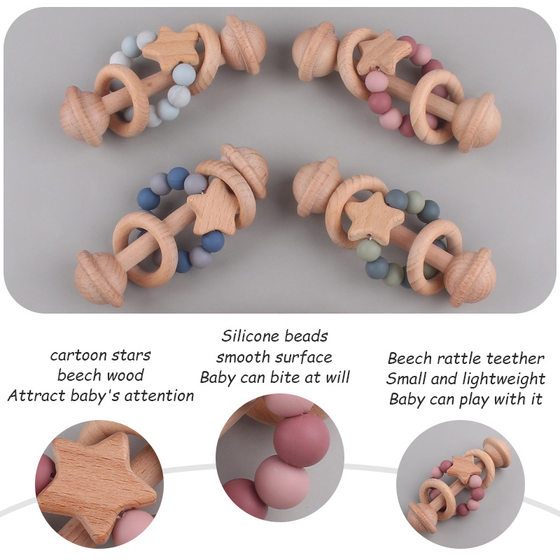Creative Children's Toys Beech Wood Teeth Gum Baby Stars Hand-held Rattle Silicone Beads Baby Interactive Exercise Molar Stick
