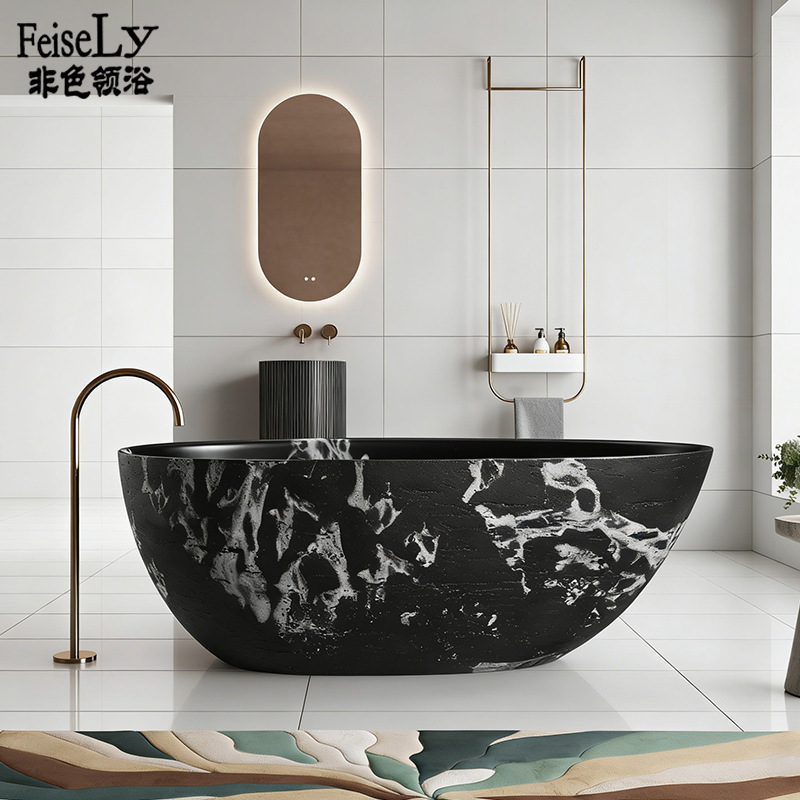 Foshan French-Style Vintage Bulgari Black Hole Stone Style Freestanding Villa Homestay Hotel Deep Soaking Bathtub