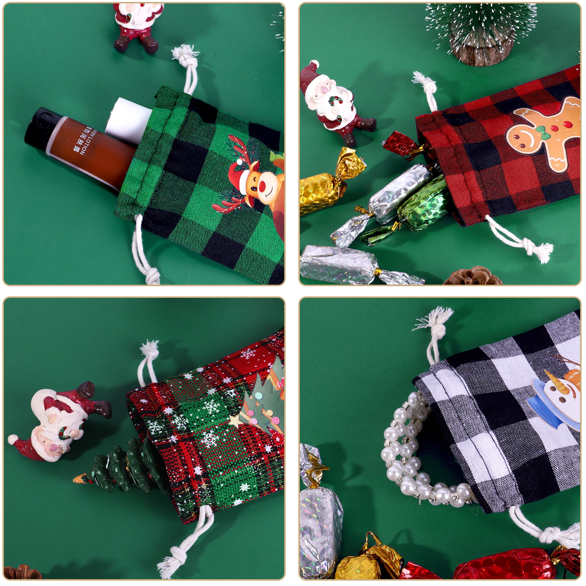 Bolsa de algodón a cuadros de Navidad con cordón Bolsa de embalaje de regalo de caramelo de Navidad Calendario de Adviento bolsa pequeña al por mayor