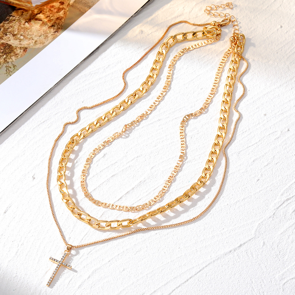1 Piece Quantity Casual Retro Geometric Cross Alloy Plating Inlay Zircon Women's Three Layer Necklace