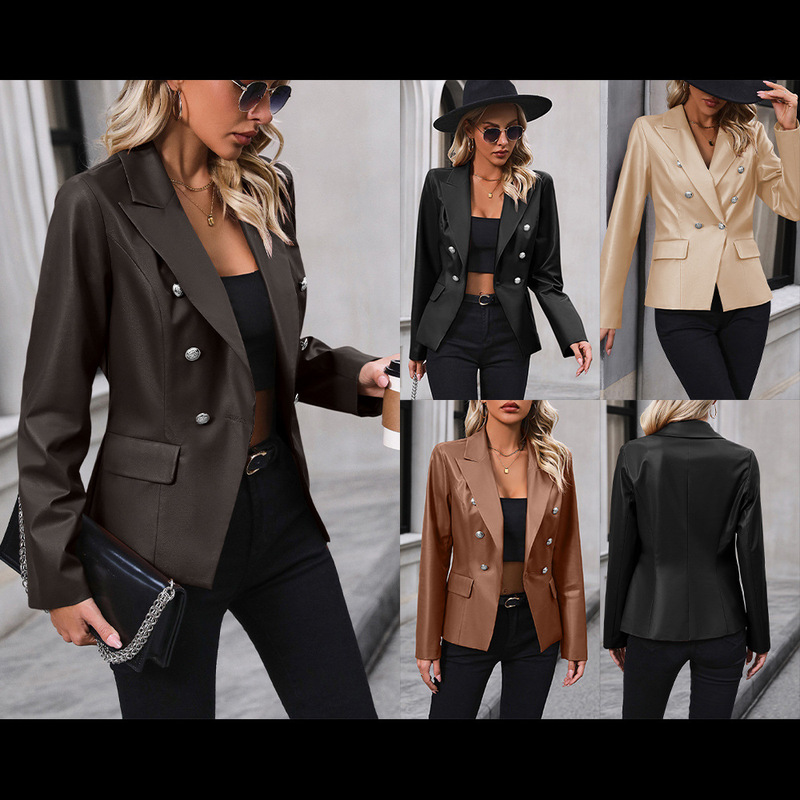 Amazon Cross-Border Women's Clothing Double-Breasted Blazer Top Pu Motorcycle Leather Jacket for Women