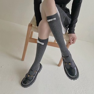 Bowknot Socks for Women, Thin Solid Color Breathable Slouch Socks, Jk Style, Seamless Casual Versatile Mid-Calf Socks Wholesale for Autumn