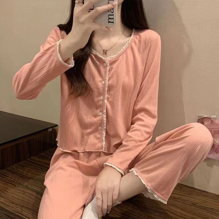 Pijamas de color sólido simples transfronterizos mujeres primavera y otoño coreano dulce rebeca casual pantalones de manga larga se pueden usar en el exterior