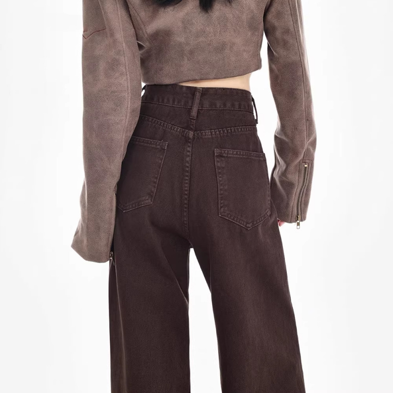 Brown Coffee-Colored Narrow Wide-Leg Jeans for Women, New Spring Style, American Retro High-Waisted Straight-Leg Floor-Length Pants for Women