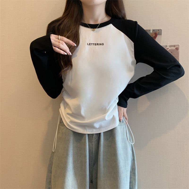 大码女装长袖t恤女2025春秋宽松显瘦休闲百搭设计感小众抽绳上衣|undefined