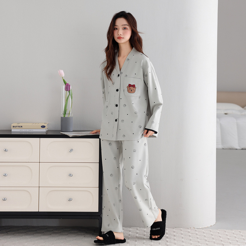 德绒保暖加绒睡衣女秋冬季长袖长裤和服V领开衫可外穿大码家居服|undefined