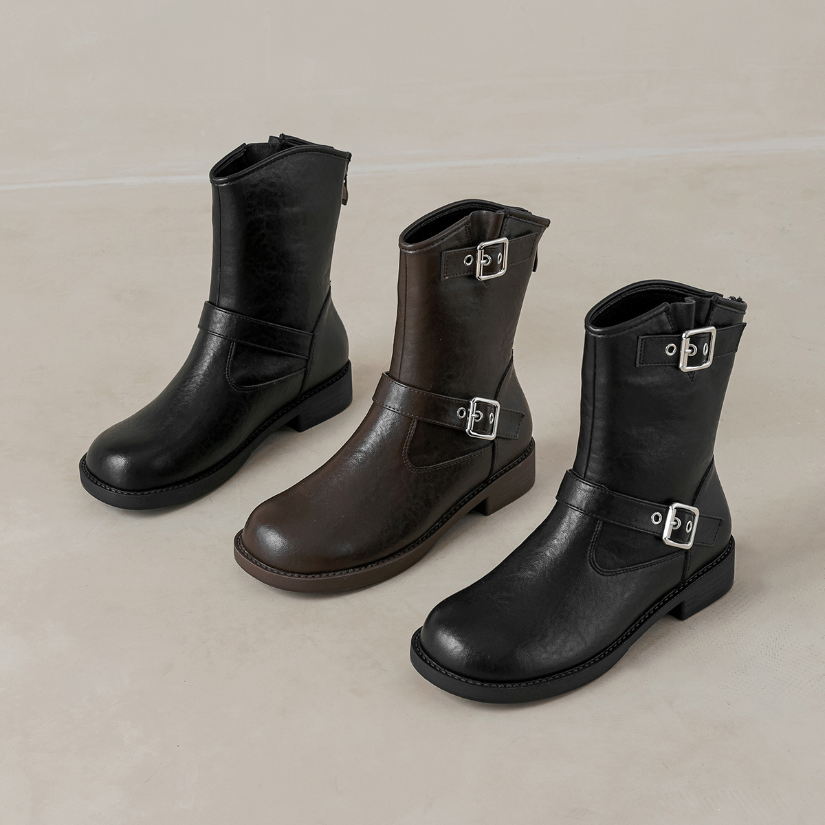 Waiwai Girl 5732-5 British Style Martin Boots Women's 2025 Autumn New Flat Round Toe Black Short Boots