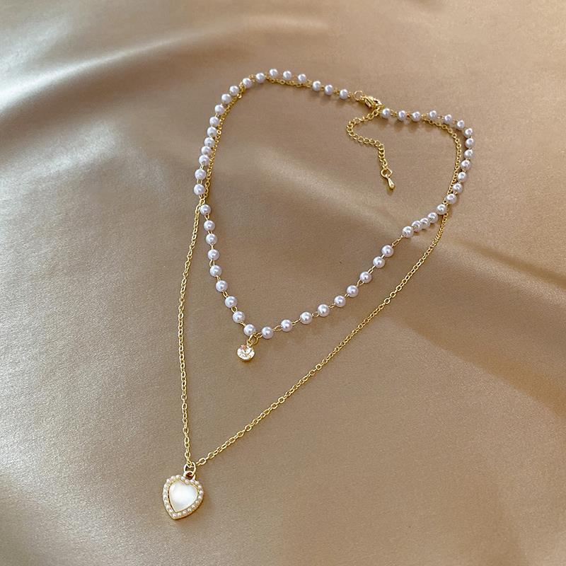 Elegant Sweet Heart Shape Alloy Plating Inlay Artificial Pearls Zircon Women's Layered Necklaces display picture 5