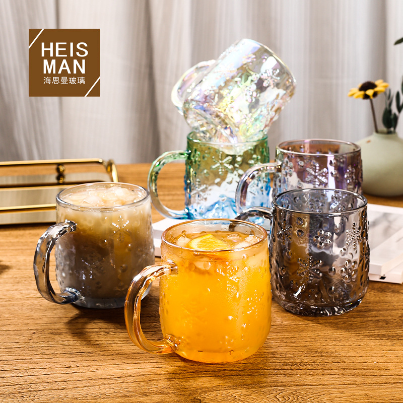 日式富士山雪花手把杯玻璃咖啡杯高顏值彩色冷飲杯果汁杯耐熱水杯