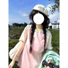 实价 纯棉 螺纹领口 +后包边 撞色拼接+前后刺绣短袖恤女