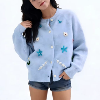 韩版刺绣花朵重工毛衣外套女2026秋冬新款软糯百搭宽松针织女开衫