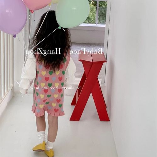Girls' Set 2024 Spring New Arrival Korean Style Children's Bubble Sleeve Butterfly Knot Shirt Love Knit Princess Dress
