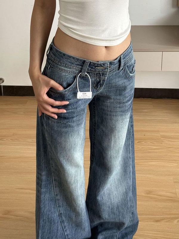 大码美式微喇叭牛仔裤女秋季新款复古高腰水洗宽松马蹄直筒长裤子|undefined