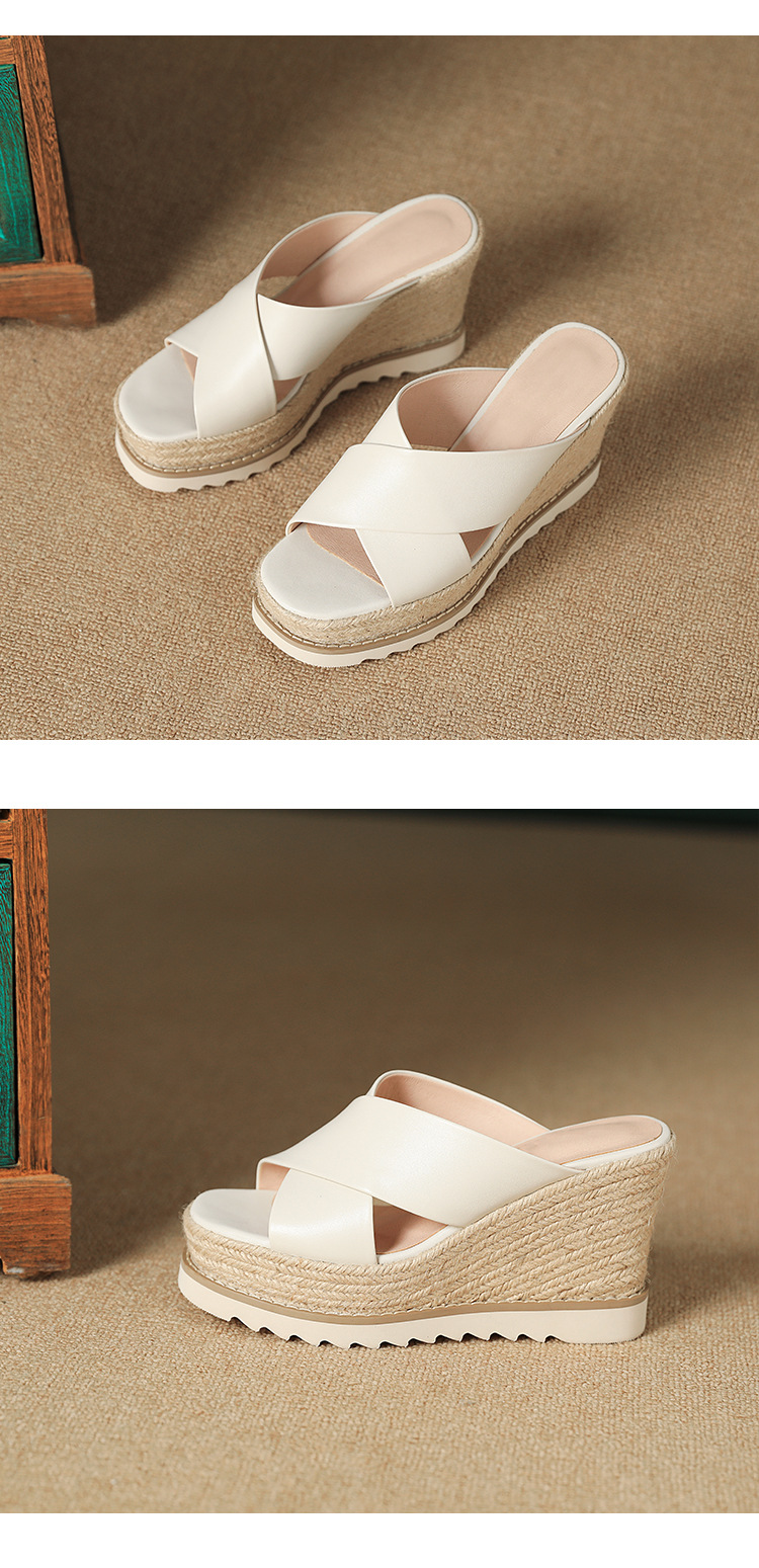Sandal cao gót nữ đế xuồng đan rơm hở mũi quai chéo bản to — màu trắng ngà, bạc chi tiết 11