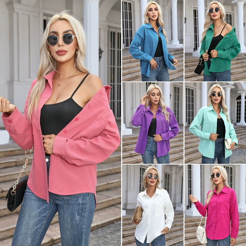 Обработка индивидуальных новых европейских и американских трансграничных Amazon моды Свободные средней длины конфеты цвет с длинным рукавом Блузка