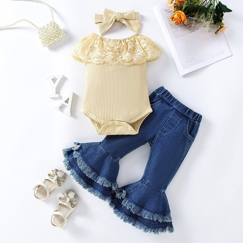 INS Summer New Girls' Set 0-3 Years Old Fashion Children's Yellow Sleeveless Top + Denim Bell Bottoms Two-Piece Set