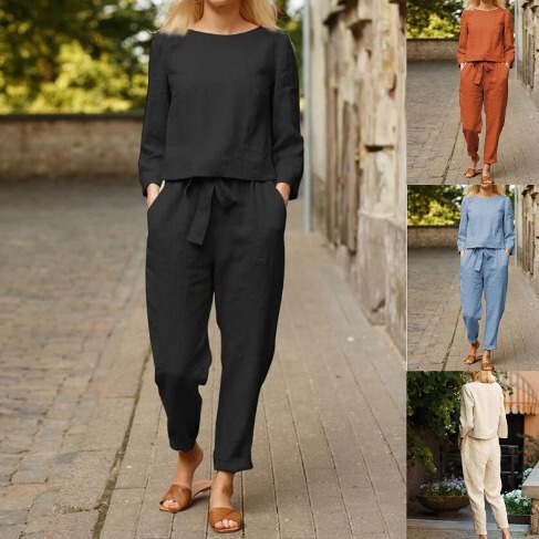 Linen suit Women's Fashion Solid Color Casual Two-piece Foreign Trade Spring and Summer Simple Retro Stretch Waist Lace