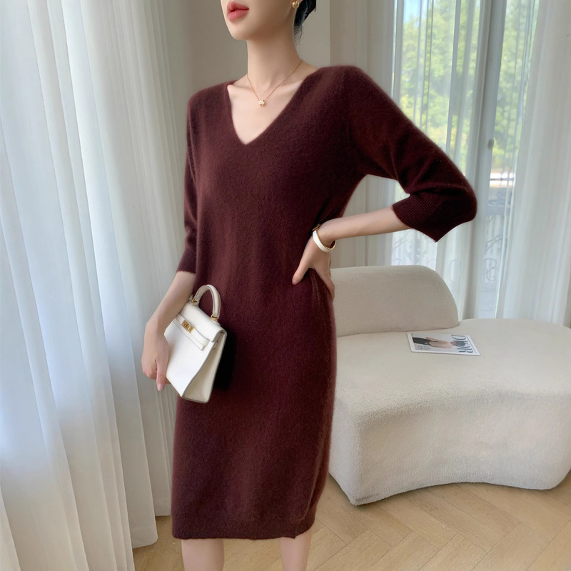 2025秋冬新V领套头中长款山羊绒衫女修身显瘦毛衣中袖针织连衣裙|undefined