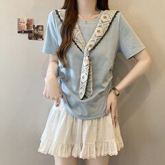 大きいサイズのレースショール右肩半袖Tシャツレディース2025年夏新作ゆったり痩身お腹カバーファッショナブルトップス
