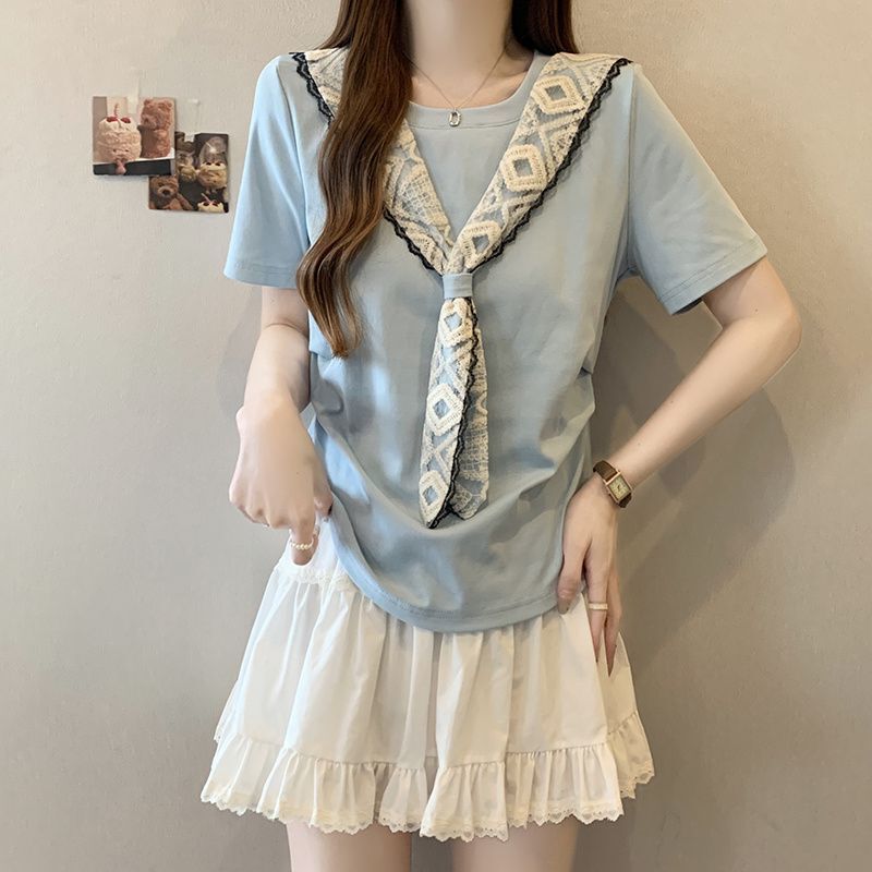大きいサイズのレースショール右肩半袖Tシャツレディース2025年夏新作ゆったり痩身お腹カバーファッショナブルトップス|undefined