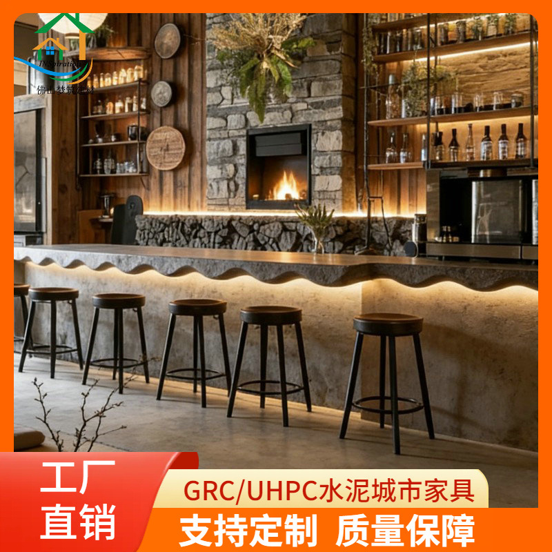 Wavy Edge Design Cement Bar Counter, Retro Stone-Style Bar Counter, Custom-Made Exposed Concrete Leisure Front Desk