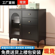 岩板餐边柜简约现代置物柜客厅茶水酒柜复古玄关柜侘寂风黑色柜子