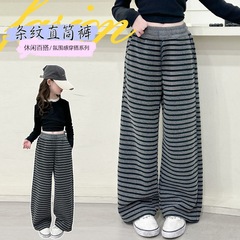 女の子パンツ、春夏カジュアルパンツ、もち米ストライプストレートパンツ、アウターパンツ、中・大型子供用スリムワイドパンツ、ハイウエスト