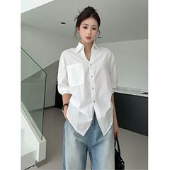 白色休闲POLO领衬衫女2025秋季时尚且舒适衬衫袖褶皱收腰衬衣夏季