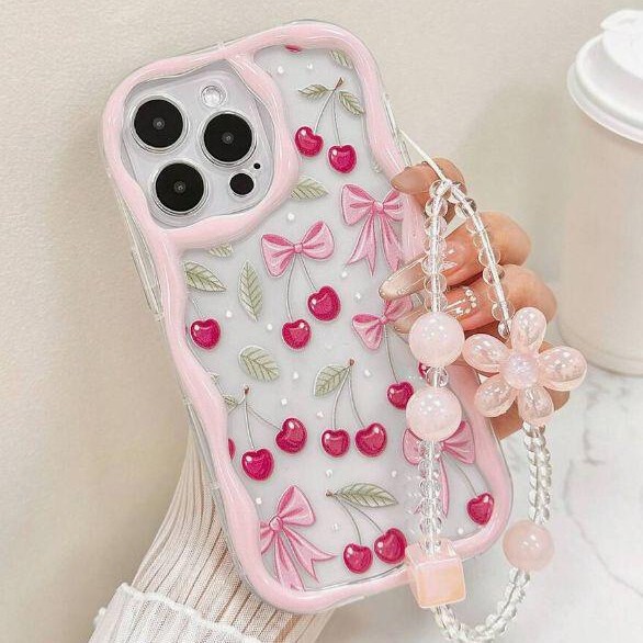 Ins Pink Cherry Bow Phone Case Suitable for Apple 17Promax/16 Iphone15 Full-Cover Transparent 14
