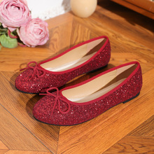 2024年春秋季细闪千金亮片蝴蝶结芭蕾鞋女平底婚鞋单鞋浅口圆头