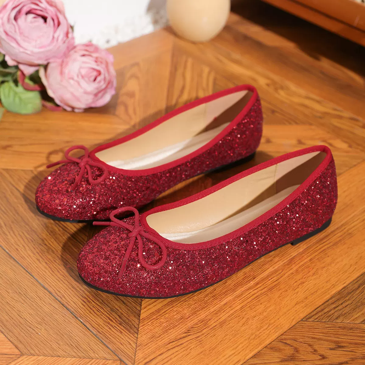 2024年春秋季细闪千金亮片蝴蝶结芭蕾鞋女平底婚鞋单鞋浅口圆头