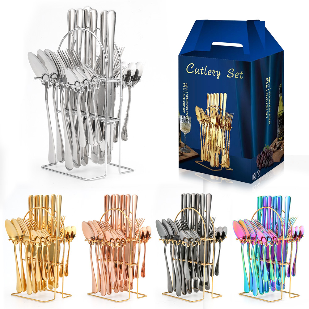 Amazon 1010 stainless steel cutlery, forks and spoons, four main pieces, color-plated tableware, cross-border direct sales, 24-piece set, hanging gift box