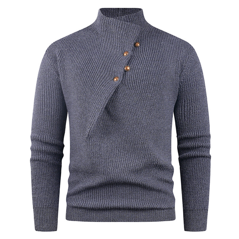 Mens Fashion Stand Collar Sweater With Slanted Buttons Mens Casual Pullover - Image 13