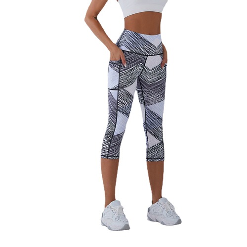  New European and American Style Yoga Pants Women's Cross-border Slimming High Waist Fitness Pants Running Sports Pants Side Pocket Capri Pants