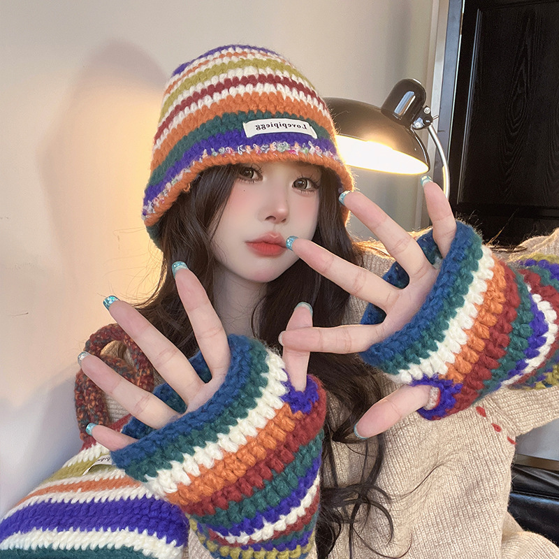 Autumn Winter New Warm Knitted Retro Rainbow Wool Korean Ins Trend Bag Gloves Hat Three-piece Set_voghion.com