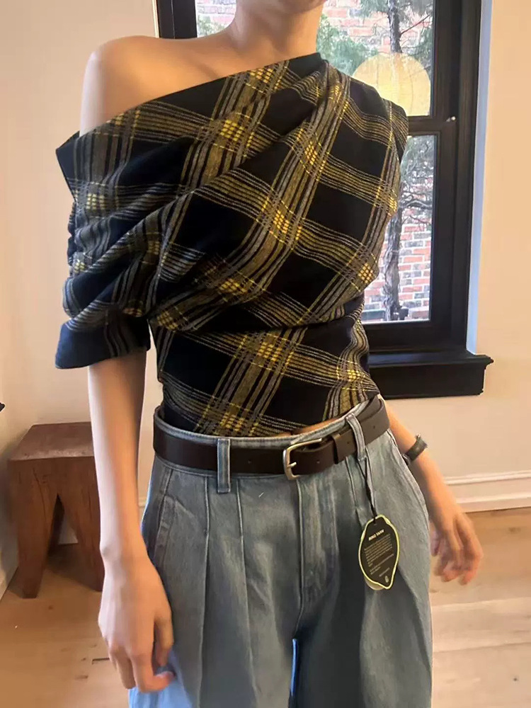 在庫あり 斜め肩ウエストチェック柄半袖レディース 2025 夏韓国スリムフィットニッチデザイナーレディースウェア