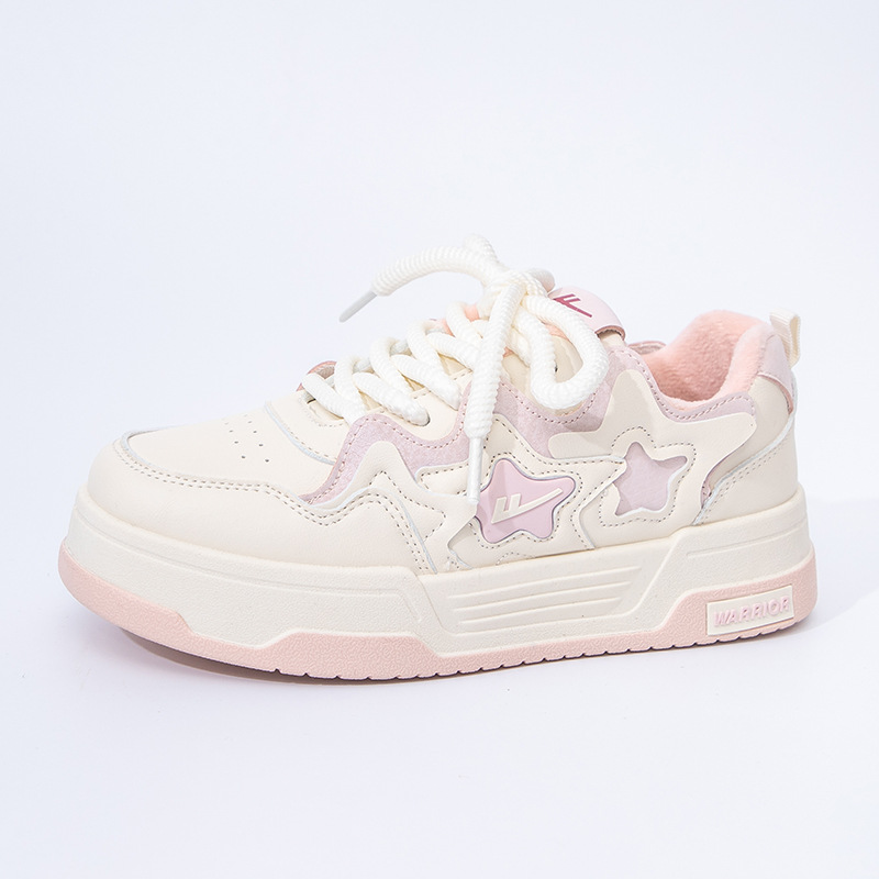 Zapatos de suela gruesa estilo Chanel de la marca Warrior con un diseño elegante, gran atractivo estético, zapatillas versátiles, zapatos cálidos, zapatos planos con cordones y punta redonda en color rosa melocotón.