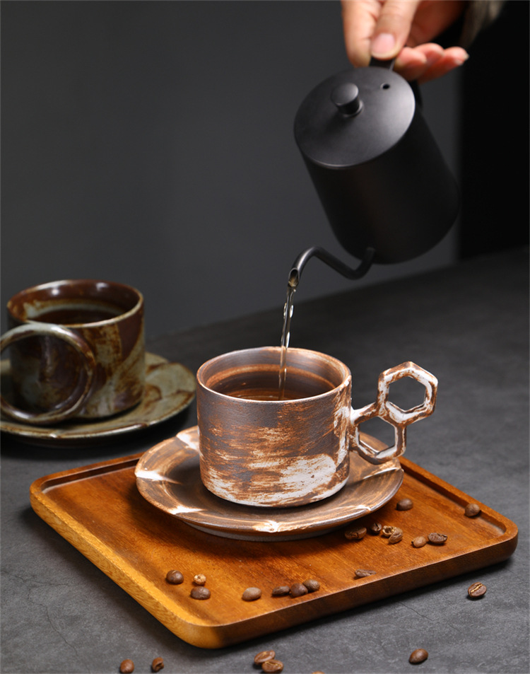 Hammered Ceramic Coffee Cup Set With Vintage Saucer For Espresso_voghion.com
