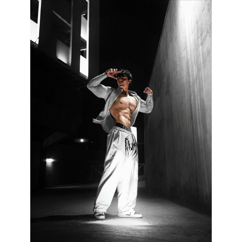 2026 New American-Style Fitness Pants Jogger Cotton Terry Printed Wide-Leg Long Pants