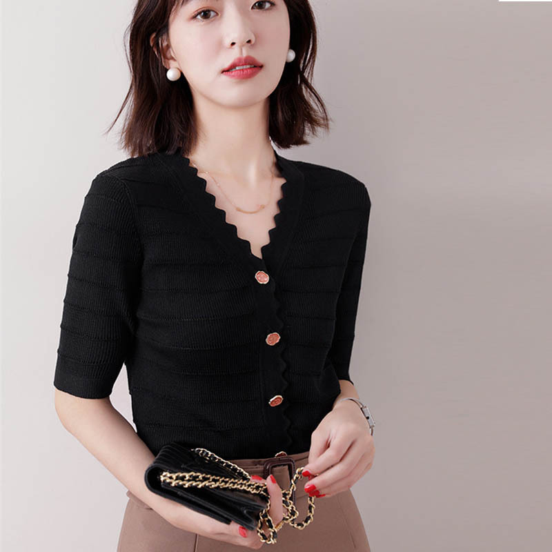 Áo cardigan dệt kim tay ngắn cổ V viền sóng chất liệu lụa đá mát mẻ — Màu đen