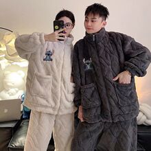 珊瑚绒情侣睡衣男女秋冬季加厚加绒法兰绒半高领家居服可外穿女