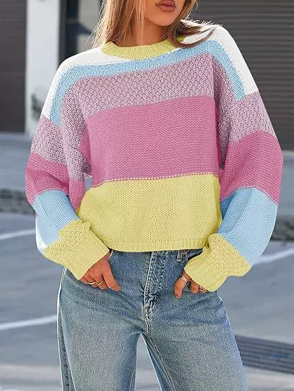 European and American Cross-Border Sweaters, Amazon Color-Blocked Striped New Style Pullover Lazy Style Sweater, Autumn and Winter Fashion Casual Top